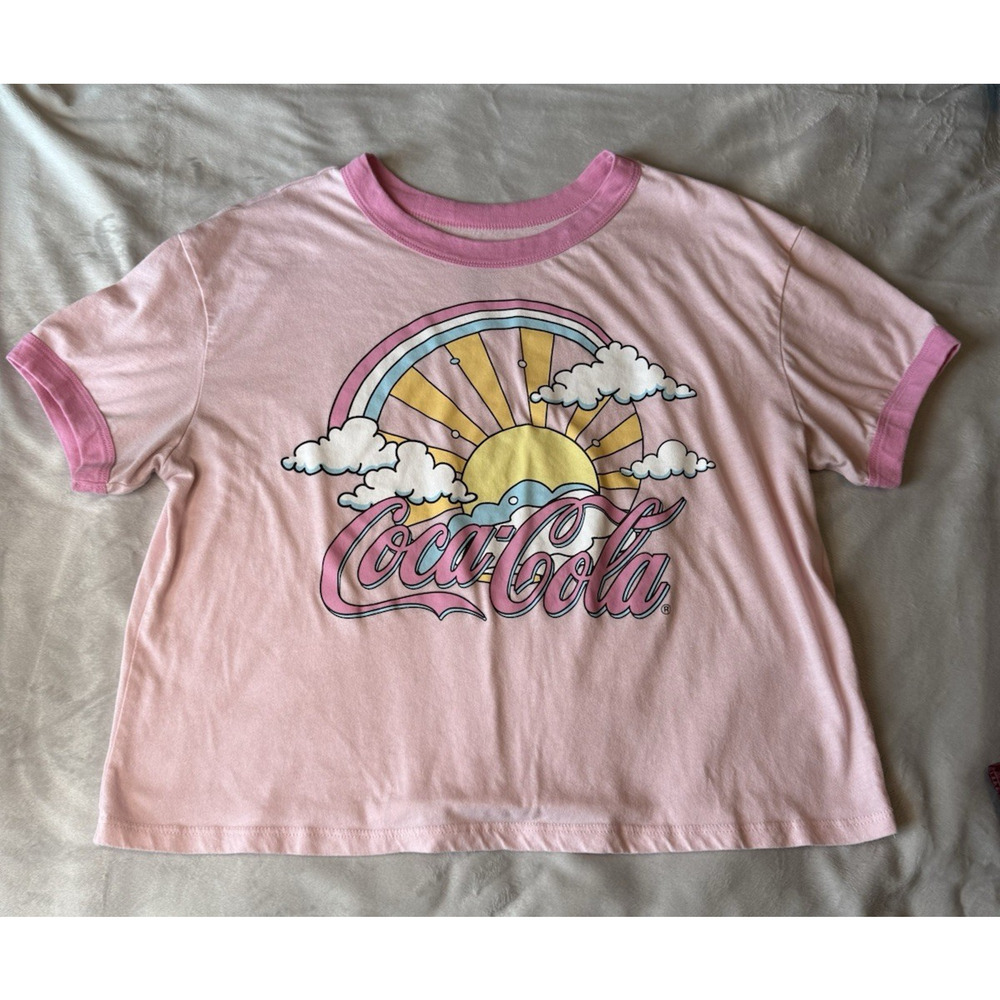 Coca - Cola Pink Rainbow Sun Cropped Summer Festival Women's T-Shirt Size XL
